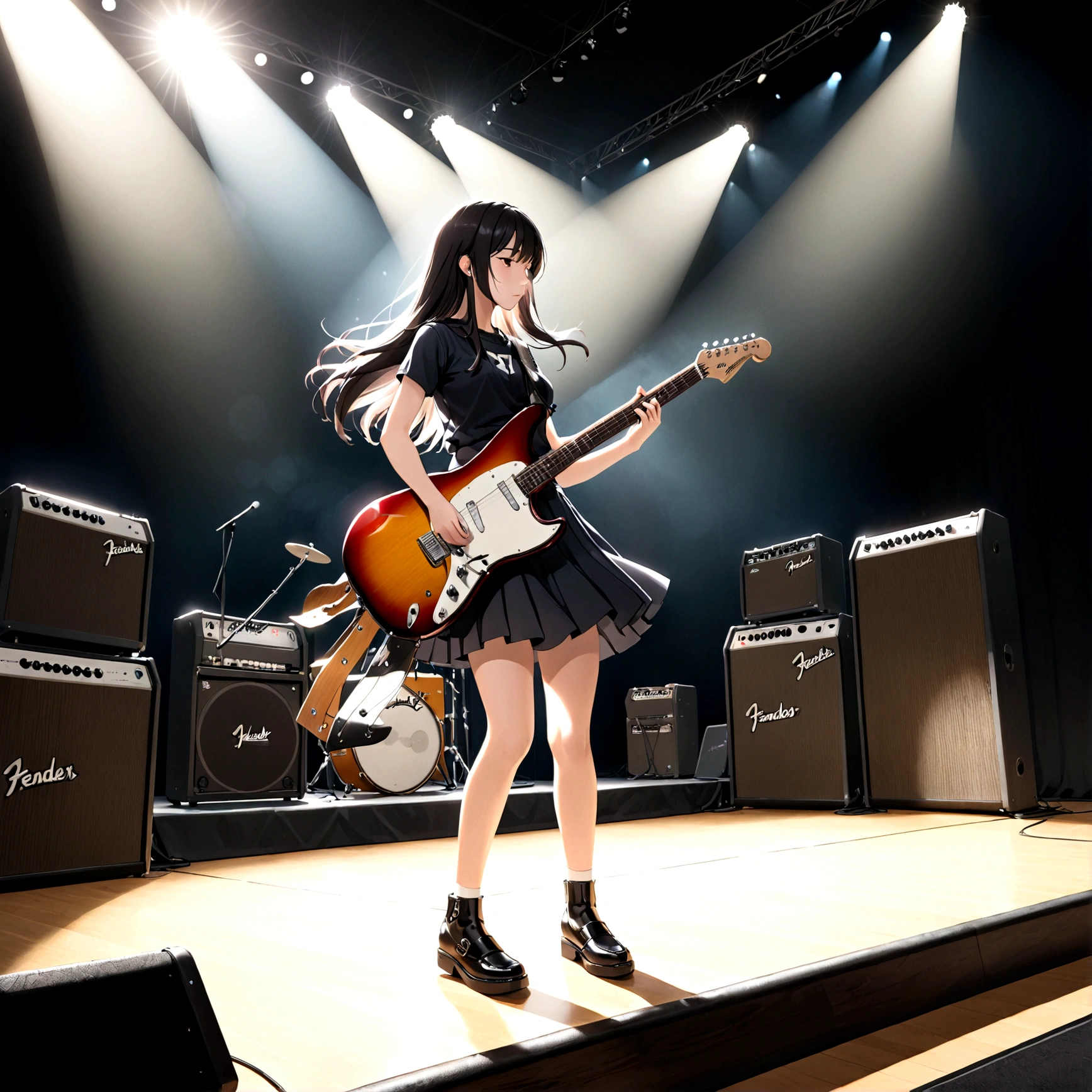 6 strings、There are six pegs、high school girl、Electric guitar、Sunburst、fender mustang、Big Stage