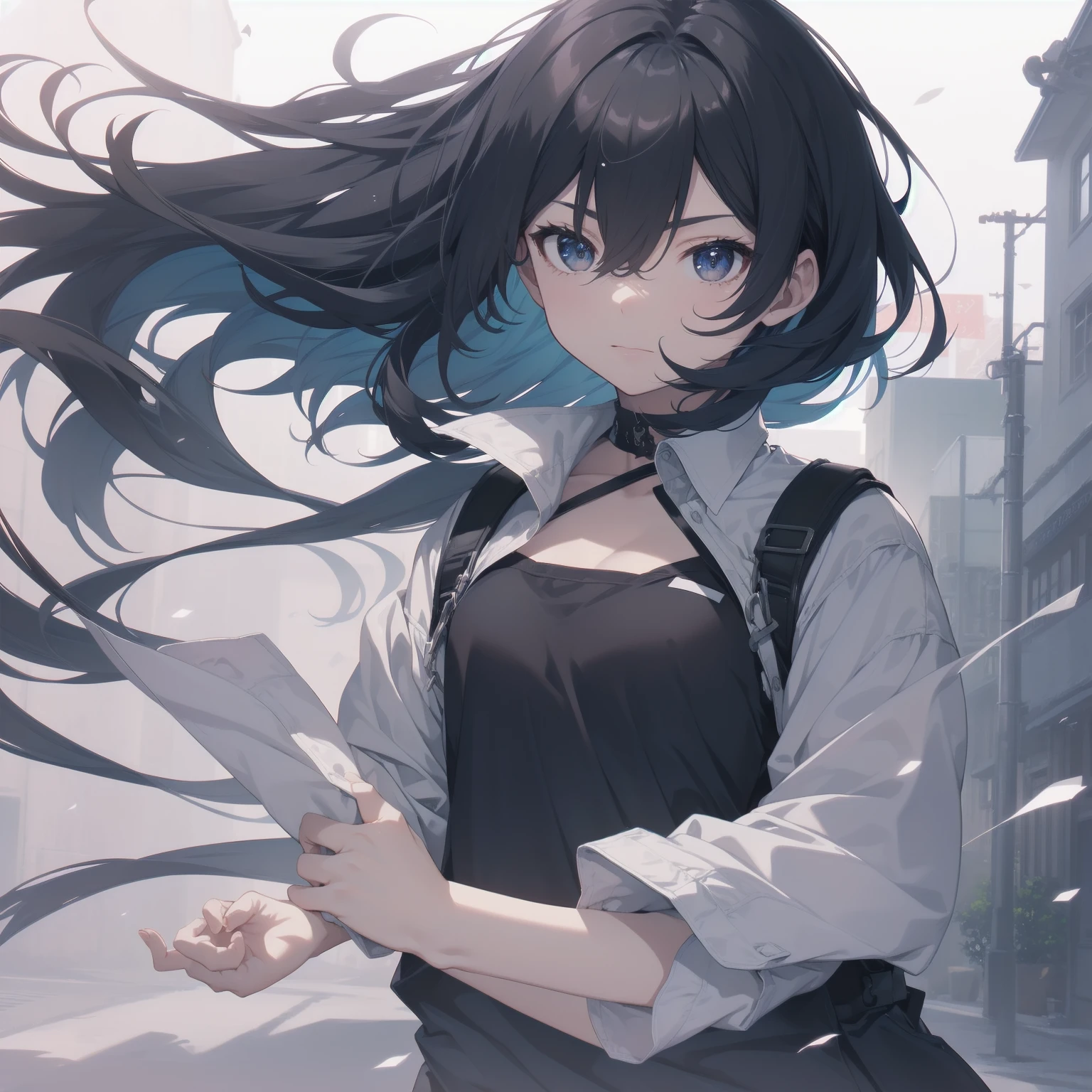 masterpiece, best quality, very aesthetic, absurdres, newest,1girl, pleated skirt, shirt tucked in, tented shirt,cang_yue_(tou_xing_jiuyue_tian), blue_hair,expressionless, floating_hair, long_hair, bandage_over_one_eye, ,tearing up,in a castle,running,floating_hair