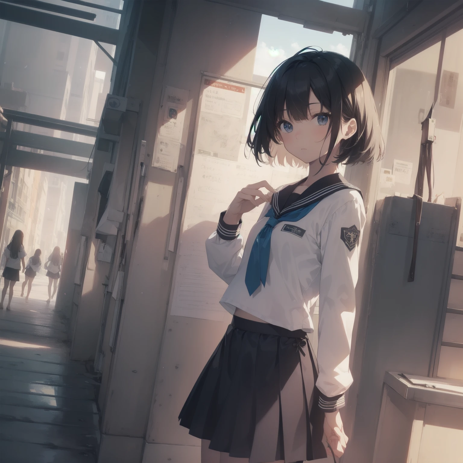 ultra-absurdres-Top quality by artist God, ultra-detailed, high resolution, anime moe artstyle, best anime 8k konachan wallpaper, pixiv contest winner, pool:2810, perfect anatomy,break, 1girl, (Please draw a girl walking sleepily to school alone. )break,(Solo,little female, 13-year-old:1.3),Full limbs, complete fingers,a junior high school student, (very short hair), short cut, flat chest, , small butt, small black eyes, beautiful detailed eyes, well-proportioned iris and pupils, expressive eyes, highres detailed hair, soft expression, salor school_uniform, sailor collar, serahuku, bow, pleated skirt,(Detailed Lighting), (Detailed background), in the School commute route. break,super detailed skin, Best cinematic lighting powered by famous artist, 8k,beauty illustration,photoshop_(medium),very aesthetic,break,((artist:toosaka_asagi )), artist:clamp ,artist:carnelian ,artist:kantoku ,