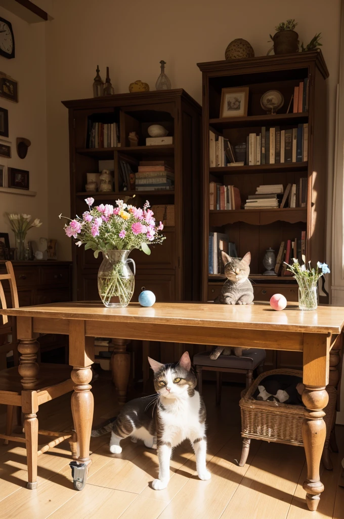 Make a picture of a cat from under the table, a ball in front of the door, with a vase of flowers on the table with butterflies flying above the flowers, a bookshelf behind the table