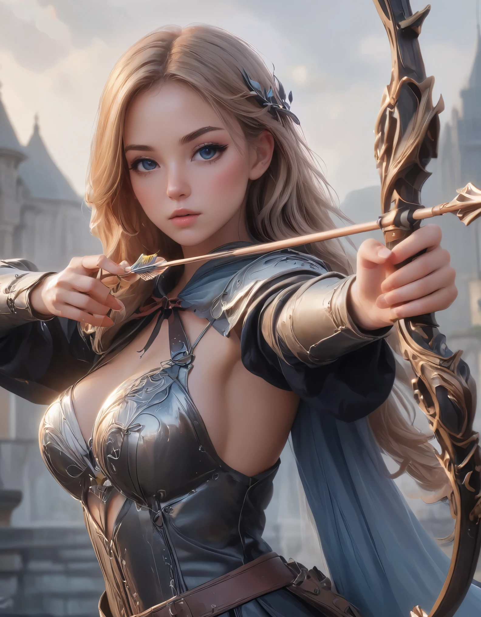 Woman shooting a bow, Large Bow and Arrow, Take aim, longbow , Aiming with a bow, Delicate expression, Perfect hands(Five fingers), Beautiful Hair, Shiny Hair, Beautiful Skin, Detailed face and eyes, Glossy Lips, Medieval Fantasy, dramaticな照明, Film composition, dramaticなポーズ, Medieval Armor, Intricate details, Dramatic atmosphere, Moody lighting, an epic fantasy, Very detailed, Cinematic, dramatic, powerful, strong, (Highest quality:1.2, Very detailed, Latest, Vibrant, Ultra-high resolution, High Contrast, masterpiece:1.2, Highest quality, Best aesthetics),