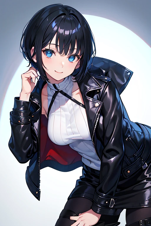 ((Highest quality)), ((masterpiece)), (Familiar), Illustration Style,Perfect Face,1 Girl,Black Hair,Short Hair,Glowing Skin,big, Bright Blue Eyes,Beautiful Bangs,Small breasts,Super Beauty,woman,16 years old,Leather jacket,Beautiful clothes,smile