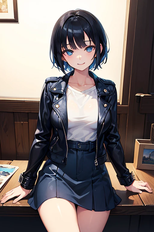 ((Highest quality)), ((masterpiece)), (Familiar), Illustration Style,Perfect Face,1 Girl,Black Hair,Short Hair,Glowing Skin,big, Bright Blue Eyes,Beautiful Bangs,Small breasts,Super Beauty,woman,,Leather jacket,Beautiful clothes,smile