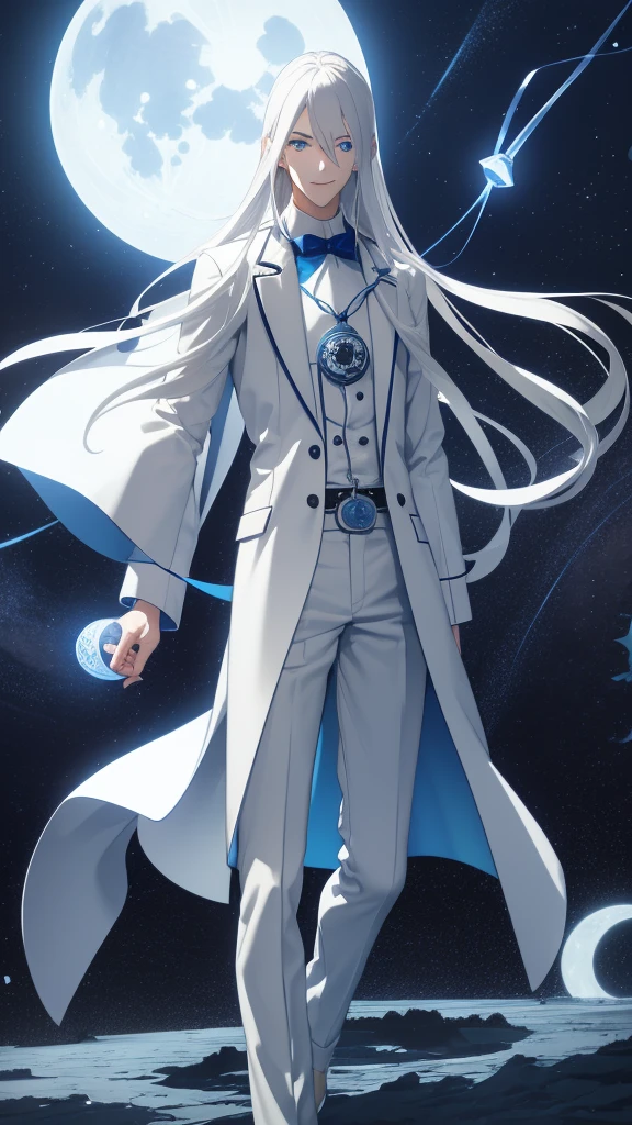 1 tall young man, silver hair, blue eyes, white skin, smile, long hair, floating in the air, short jacket, long trousers, white trousers, holding a lantern, Chinese lantern, night, moon, blue lights, blue lantern, demonic lantern