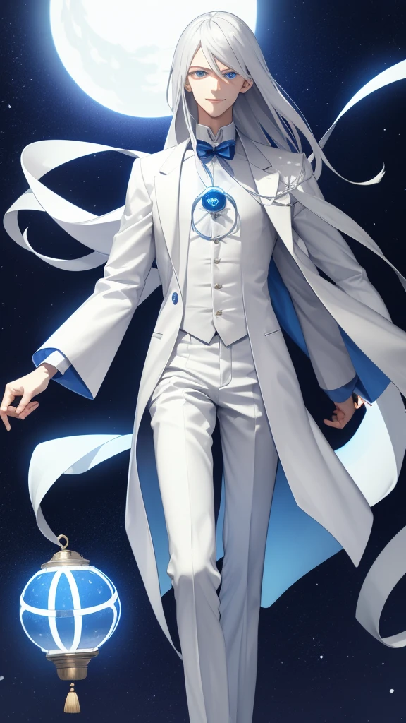 1 tall young man, silver hair, blue eyes, white skin, smile, long hair, floating in the air, short jacket, long trousers, white trousers, holding a lantern, Chinese lantern, night, moon, blue lights, blue lantern, demonic lantern