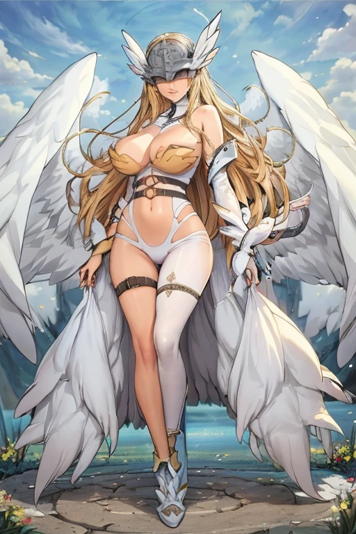Masterpiece of unparalleled quality, surpassing 8K resolution, Trading Card of a Seductive Female Angel – Goddess. Long, gleaming blonde hair cascades down her shoulders like a waterfall, framing her symmetrical, ultra-detailed blue eyes, which seem to glow with an ethereal light. Anime-inspired wings, golden and intricately detailed, are spread wide behind her, adorned with delicate golden feathers that fall gently from the sky.
She stands tall and proud, both legs firmly planted on the forest floor, her body clad in flowing, form-fitting clothing that accentuates her curves. Her boots are tight