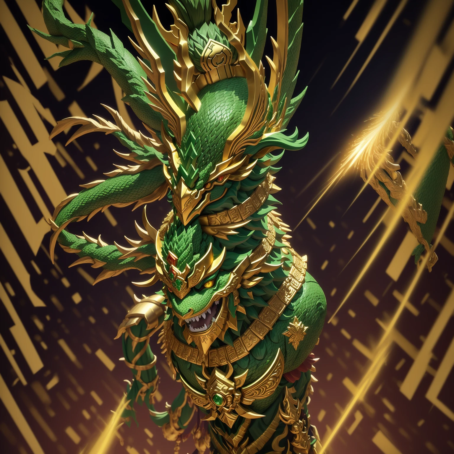 There is a green dragon，A gold crown is worn on his head, Japanese mascot 3D model, guan yu, Ashura，From Chinese mythology, Inspired by Hu Zaobin, Golden green creature, Temple of the Mantis Head Monster, God of Wealth, Onmyoji, 3D toys Aztec gods as funco toys, chi-gong, Onmyoji portrait