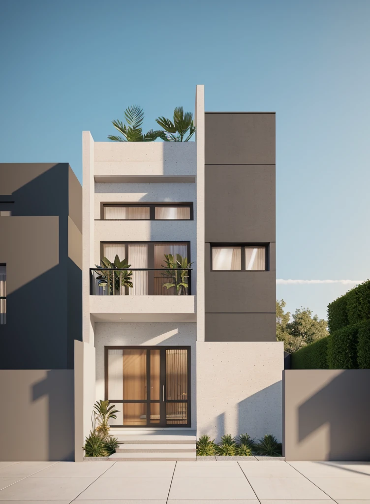 a render vray of a tall townhouse, (roof slat wooden detail:1.1), (white wall:1.2), modern exterior, with a plant on the top of it, frontview, elevation view, front-view, front elevation view, mid-view, modern lush condo as shopfront, front perspective, complete house, front view, overall architectural design, street elevation, 3/4 view from below, The ambient lighting highlights the textures and details, creating a stock photo-like atmosphere, best quality, (((Best Quality: 1.1))), ((Super Detail: 1.1))(straight strokedetail:1.3), (Intricate lines:1.1), ((Photorealism:1.1)),(((hyper detail:1.1))), archdaily, award winning design, (dynamic light:1.5), (day light:1), (perfect light:1.5), (shimering light :1.5), refection glass windows, trees, beautiful sky, photorealistic, FKAA, TXAA, RTX, SSAO, Post Processing, Post-Production, CGI, VFX, SFX, Full color,((Unreal Engine 5)), Canon EOS R5 Camera + Lens RF 45MP full-frame CMOS sensor, HDR, Realistic,8k,((Unreal Engine 5)), Cinematic intricate detail, extreme detail, science, hyper-detail, FKAA, super detail, super realistic, crazy detail, intricate detail, nice color grading, reflected light on glass, eye-catching wall lights, unreal engine 5, octane render, cinematic, trending on artstation, High-fidelity, Viwvid, Crisp, Sharp, Bright, Stunning, ((Lifelike)), Natural, ((Eye-catching)), Illuminating, Flawless, High-quality,Sharp edge rendering, medium soft lighting, photographic render, detailed archviz