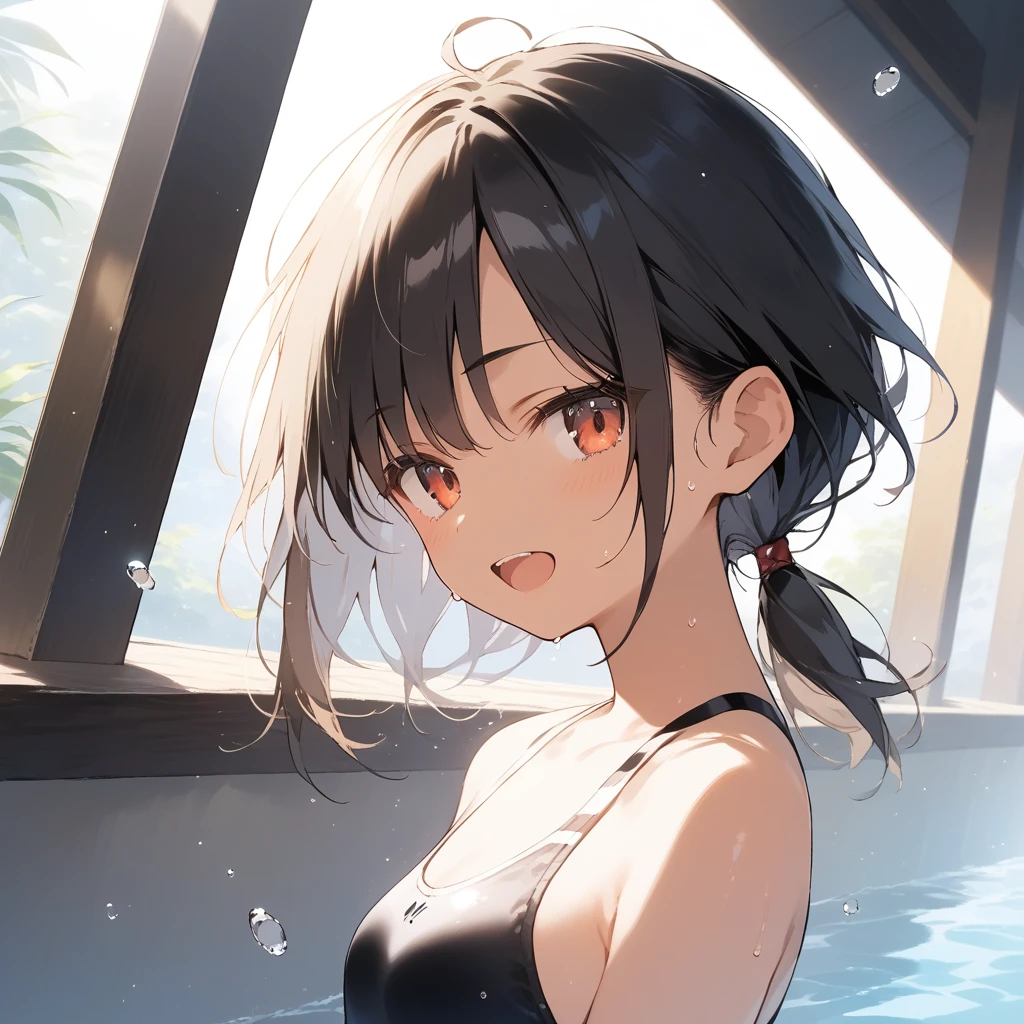 score_9, score_8_up, score_7_up, source_anime, best quality, masterpiece, official art, absurdres, highres, ultra-detailed,waifu2x,Collection: Slice of Life,break,1girl, tomboy, dark-skinned female, short hair, low ponytail, small breasts, beautiful detailed eyes, swimsuit, sweat, open mouth, (yawn:0.3), sleepily, swimming, outdoors, wind, break,(clear line illustration:1.2),very high resolution, very aesthetic, super detailed skin, Best sexual lighting powered by famous artist, 8k,cute picture,beauty illustration,photoshop_(medium),,(Detailed Lighting),best anime 8k konachan wallpaper, pixiv contest winner, 