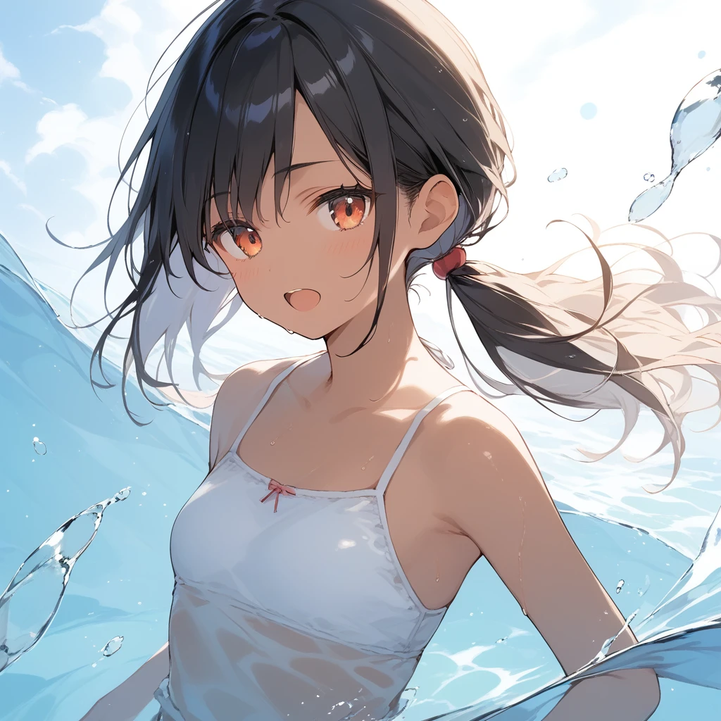score_9, score_8_up, score_7_up, source_anime, best quality, masterpiece, official art, absurdres, highres, ultra-detailed,waifu2x,Collection: Slice of Life,break,1girl, tomboy, dark-skinned female, short hair, low ponytail, small breasts, beautiful detailed eyes, swimsuit, sweat, open mouth, (yawn:0.3), sleepily, swimming, outdoors, wind, break,(clear line illustration:1.2),very high resolution, very aesthetic, super detailed skin, Best sexual lighting powered by famous artist, 8k,cute picture,beauty illustration,photoshop_(medium),,(Detailed Lighting),best anime 8k konachan wallpaper, pixiv contest winner, 
