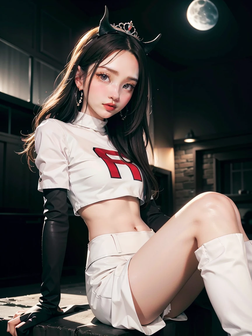 zephia, horns, tan ,tiara ,earrings, glossy lips ,team rocket uniform, red letter R, white skirt,white crop top,black thigh-high boots, black elbow gloves, evil smile, looking down on viewer, sitting down ,legs crossed, night sky background