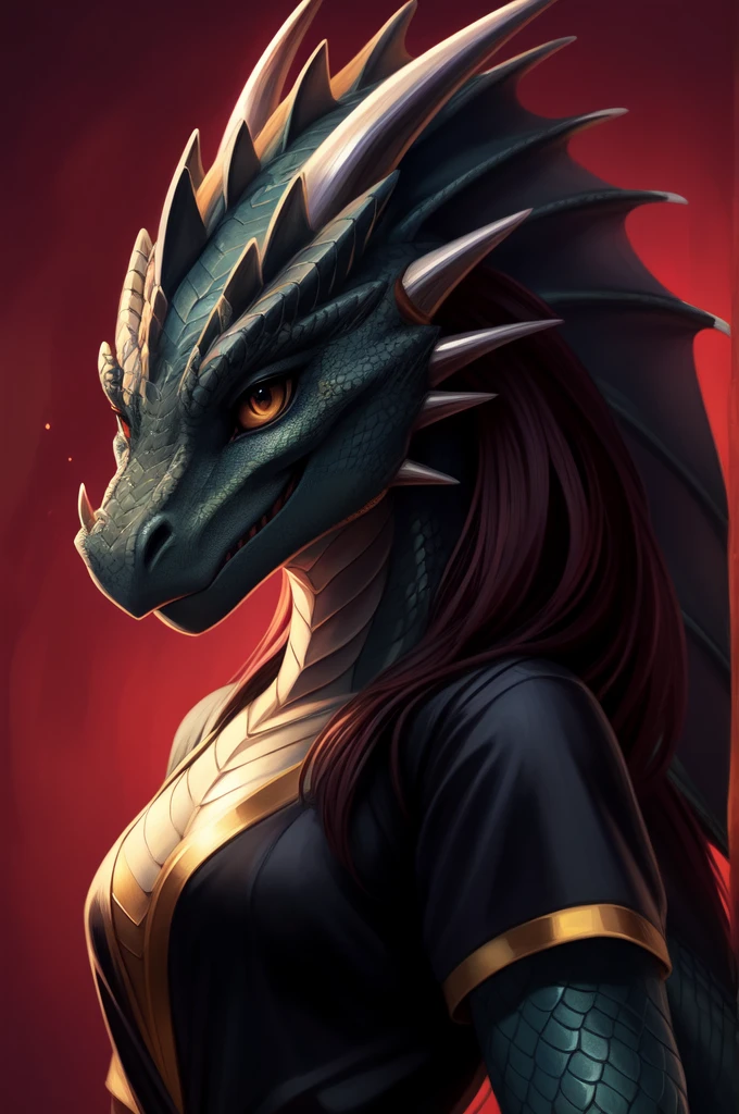 uploaded to e621, by Pixelsketcher, from Bayard Wu, Thomas Benjamin Kennington , from Einhelm, One second, ((Full Length, Master plan)),(detailed lighting of Bonifasco), (Detailed scales), (Detailed skin), ((long, Graceful multi-colored tail)), (loose hair)), ((detailed information)), [Ambient light],  [explicit content], [Sharp Focus], (questionable content), (shaded), ((masterpiece)), hiss, Chest of medium scales, Fluffy multi-colored the Dragon, ((Dragon Face, dragon head, scalie head, dragon horns)), furry fantasy art, furry art, high resolution commission, second art, art,Sakimichan is beautiful, masterpiece, Best quality, detailed depiction, bright colors, Detailed face, perfect lighting, Perfect shadows, Perfect eyes, focus on the girl, the Dragon eyes, flawless face, ((Graceful multi-colored tail)) the Dragon, bright skin, dragon girl, can be solved, Scaly Women, Dragon's nose, Large long muzzle, Multi-colored scales, look at the viewer, half-closed eyes, One, (masterpiece), (Best quality), (illustration), ((noir, black dress, red background)), Detailed scales, Balanced coloring, Global illumination, ray tracing, good lighting, scales, split, I&#39;m looking at the viewer, Seductive look, elegant seducing pose, ((slim and very built, long slender legs)), A striking comic book-inspired illustration by James Bateman, featuring a silhouette of a woman in a black dress, reminiscent of Charlie Bowater's style. The red neon light from behind illuminates her silhouette, casting a dramatic glow. The background is a deep, dark black, evoking the essence of a comic cover. The woman's long, luxurious light blond hair flows gracefully. She is portrayed as Erza Scarlet, a character from the popular manga and anime series, Fairy Tail.