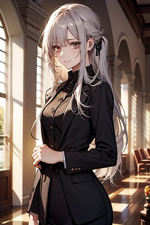 (Confused, High resolution, Very detailed), 1 female, Silver Hair,Long Hair,Reddish brown eyes,suit,Hair tied low,24th generation,Beautiful woman,mature,thin,quiet,Calm,Small breasts,A small smile,Reception room,