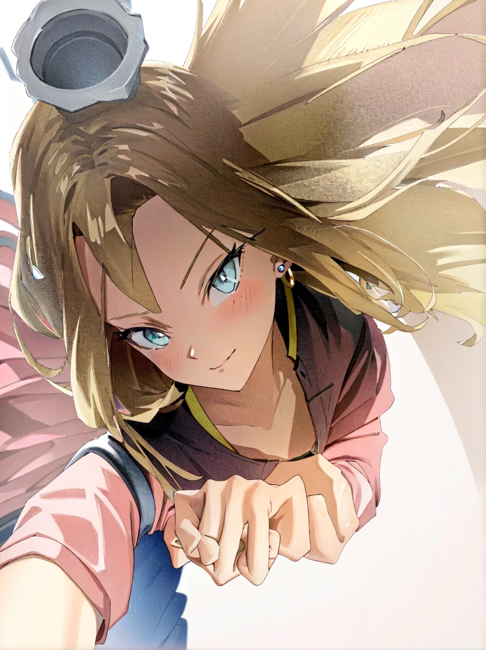 (extremely detailed CG unity 4k wallpaper),(masterpiece),(best quality),(ultra-detailed),(best illustration),(best shadow),(absurdres),(detailed background), Android 18, 1girl, android 18, solo, blonde hair, blue eyes, earrings, jewelry, jacket, crossed arms, short hair, pink track jacket, pants, pink track suit, looking at viewer, pink track pants, smile, breasts, cowboy shot, long sleeves
