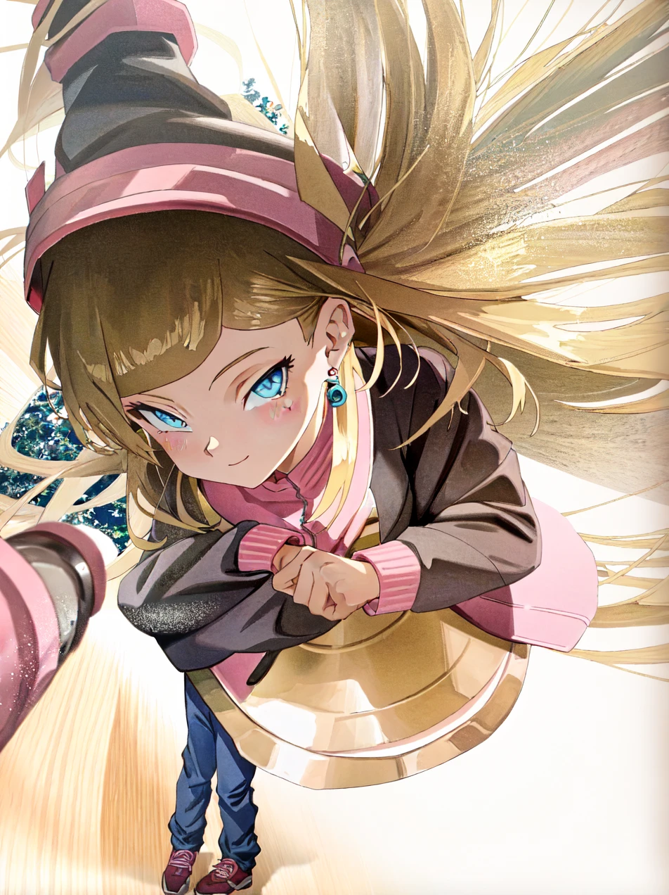 (extremely detailed CG unity 4k wallpaper),(masterpiece),(best quality),(ultra-detailed),(best illustration),(best shadow),(absurdres),(detailed background), Android 18, 1girl, android 18, solo, blonde hair, blue eyes, earrings, jewelry, jacket, crossed arms, short hair, pink track jacket, pants, pink track suit, looking at viewer, pink track pants, smile, breasts, cowboy shot, long sleeves