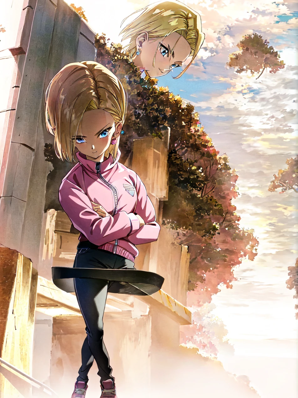 (extremely detailed CG unity 4k wallpaper),(masterpiece),(best quality),(ultra-detailed),(best illustration),(best shadow),(absurdres),(detailed background), Android 18, 1girl, android 18, solo, blonde hair, blue eyes, earrings, jewelry, jacket, crossed arms, short hair, pink track jacket, pants, pink track suit, looking at viewer, pink track pants, smile, breasts, cowboy shot, long sleeves