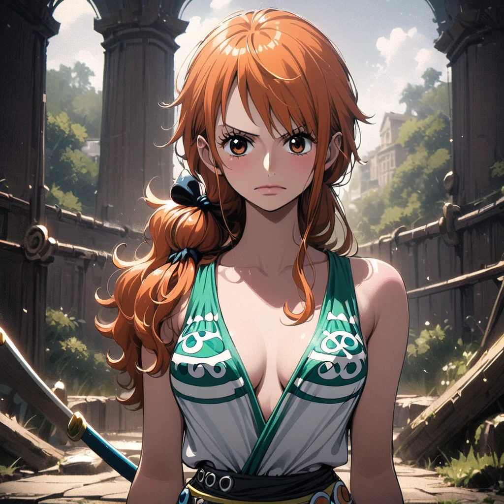 masterpiece, best quality), intricate details, 1 girl, woman, orange hair, nami \ (one piece\), (long hair), shirt, white shirt, black pant, court, female focus, nature, scenery, upper body, ((front view)) ((close up shot)) ((solo)) ((hair over one eyes)) detailed, very high resolution, no blurry image, full body, orange eyes, sligh wavy hair, ((nami from one piece)) ((female nami from one piece)), holding katana, (((hair tied up)) ((front view))