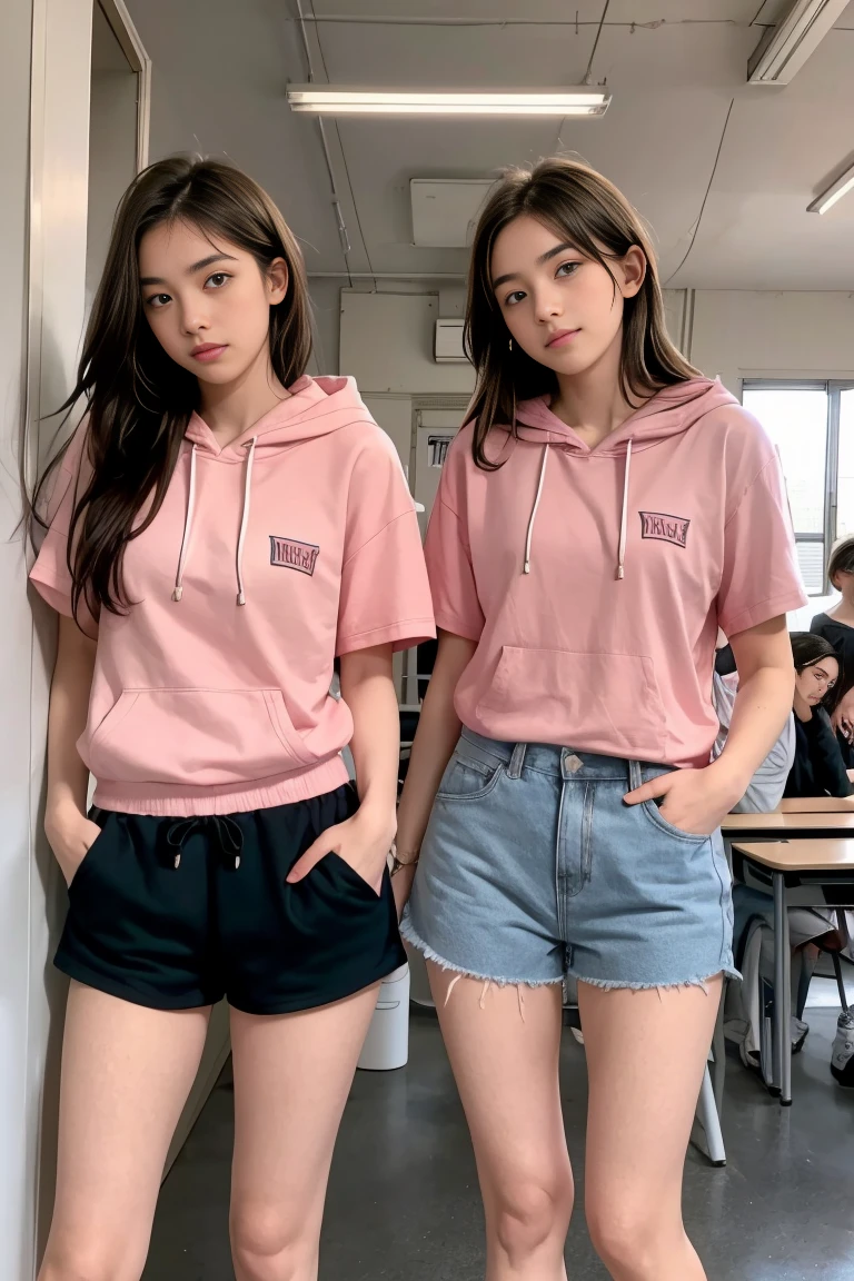 deux femmes ensemble de 18 ans sexy et mince , pink short sleeve hoodie , salle de classe, se touche,position sey,sensuel,visible legs,