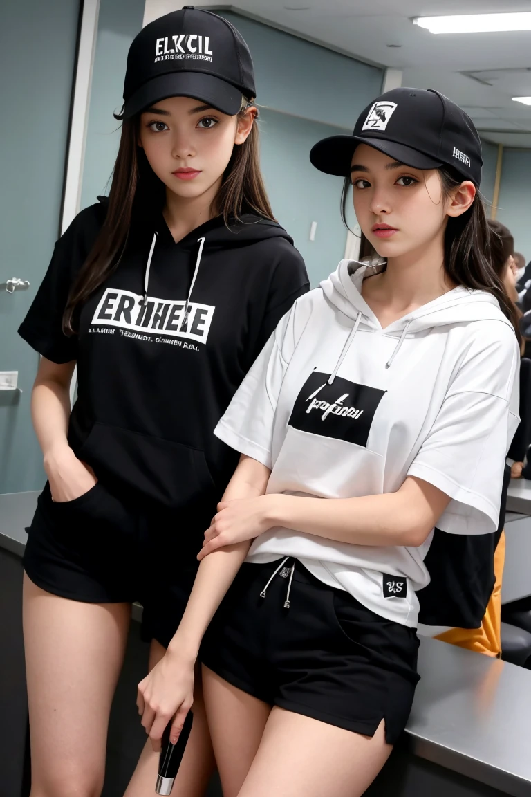deux femmes ensemble de 18 ans sexy et mince , black short sleeve hoodie , salle de classe, se touche,position sey,sensuel,casquette