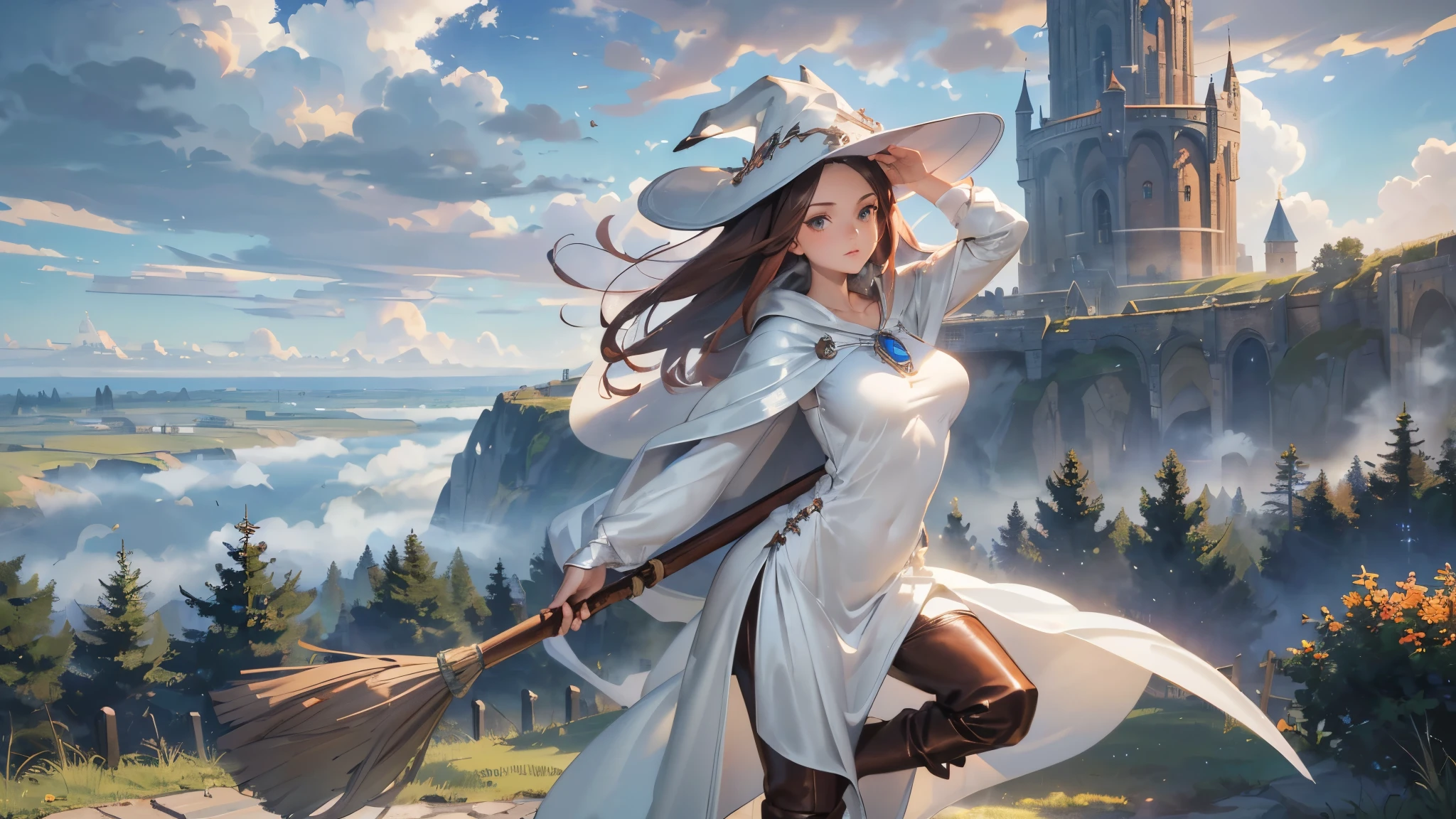 masterpiece, super detailed, 8K portrait, RAW photo, portrait photography, highly detailed face, beautiful and detailed eyes, ((fantasy)), young and beautiful, dynamic pose, (((long dark red straight hair))), ((witch)), white skin color, luxury, crystal necklace, (((Cloudy white silk long cloak))) fluttering in the wind, (((long one-piece tunic))), (((cropped pants)), (((leather boots))), ((fly in the sky on a magic broom)), midday sun, surreal, body model, big breasts, beautiful breasts, long legs, In the sky, environmental lighting, shadow details , Focus the camera on the thigh, strong wind, light fog