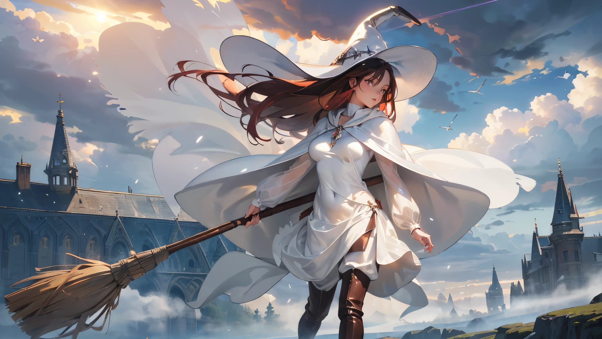 masterpiece, super detailed, 8K portrait, RAW photo, portrait photography, highly detailed face, beautiful and detailed eyes, ((fantasy)), young and beautiful, dynamic pose, (((long dark red straight hair))), ((witch)), white skin color, luxury, crystal necklace, (((Cloudy white silk long cloak))) fluttering in the wind, (((long one-piece tunic))), (((cropped pants)), (((leather boots))), ((fly in the sky on a magic broom)), midday sun, surreal, body model, big breasts, beautiful breasts, long legs, In the sky, environmental lighting, shadow details , Focus the camera on the thigh, strong wind, light fog