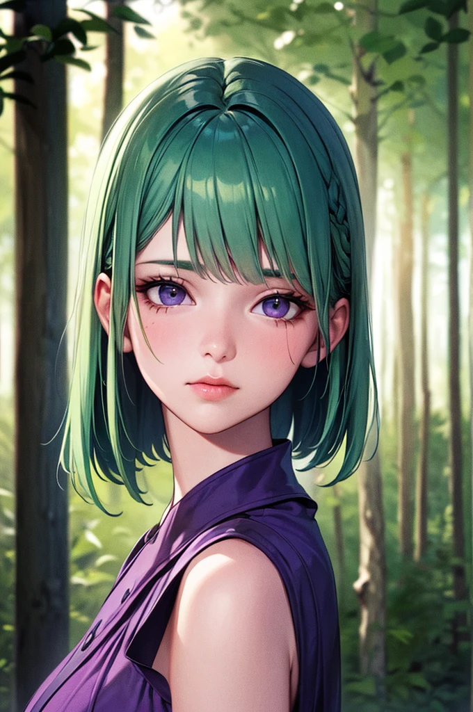 Latte 867, One girl, alone, (Forest Green Hair:1.2), Asymmetrical haircuts, (Purple clothes:1.2) masterpiece, Highest quality, photoRealistic, Realistic, (RAW Photos, 8K Ultra HD, Film Grain), Caustics, Scattered beneath the surface