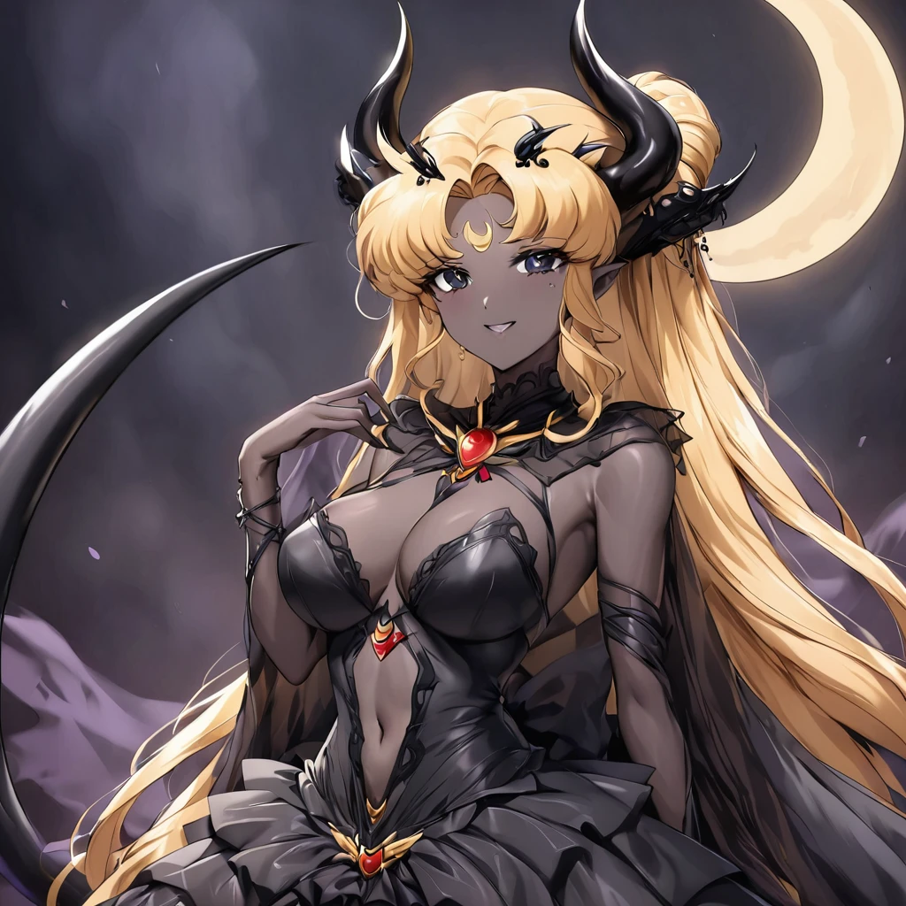((Highest quality)), ((masterpiece)), (detailed), (Perfect Face)、The woman is the bride of the Demon King, the Dark Queen of the Black Moon of the Black Moon Clan, the Demon Queen Black Serenity, and the woman is the jet-black, sexy demon princess Serenity.、The woman is a jet-black female demon with magnificent devil horns, jet-black devil wings, and a jet-black tail. Her skin is jet-black and she has a black inverted crescent moon mark on her forehead. She is a demon bride wearing a see-through Gothic Victorian wedding dress that shows off her gorgeous black skin, a black wedding veil, and a black see-through cape. She is the jet-black demon Princess Serenity, and has blonde hair that looks happy as she looks at the camera.2The expression of a girl in love with her long hair tied up、Woman is Black Serenity、Punishment pose on behalf of the moon