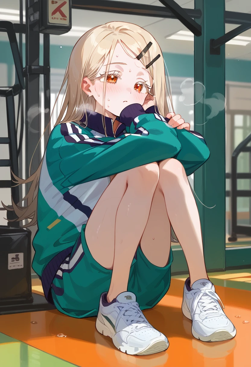 best quality, masterpiece, uncensored, BEARK, hiro-gym,shinosawa hiro,slender,orange eyes,white eyelashes,blonde hair,long hair,hairclip,track jacket,green shorts,white sneakers, sweat on head, heavy breathing, head focus, transparent sneakers, open shirt,