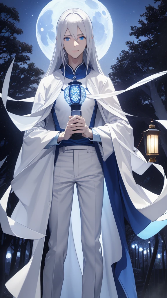 1 tall young man, silver hair, blue eyes, white skin, smile, long hair, floating in the air, short jacket, long trousers, white trousers, holding a lantern, Chinese lantern, night, moon, blue lights, blue lantern, demonic lantern