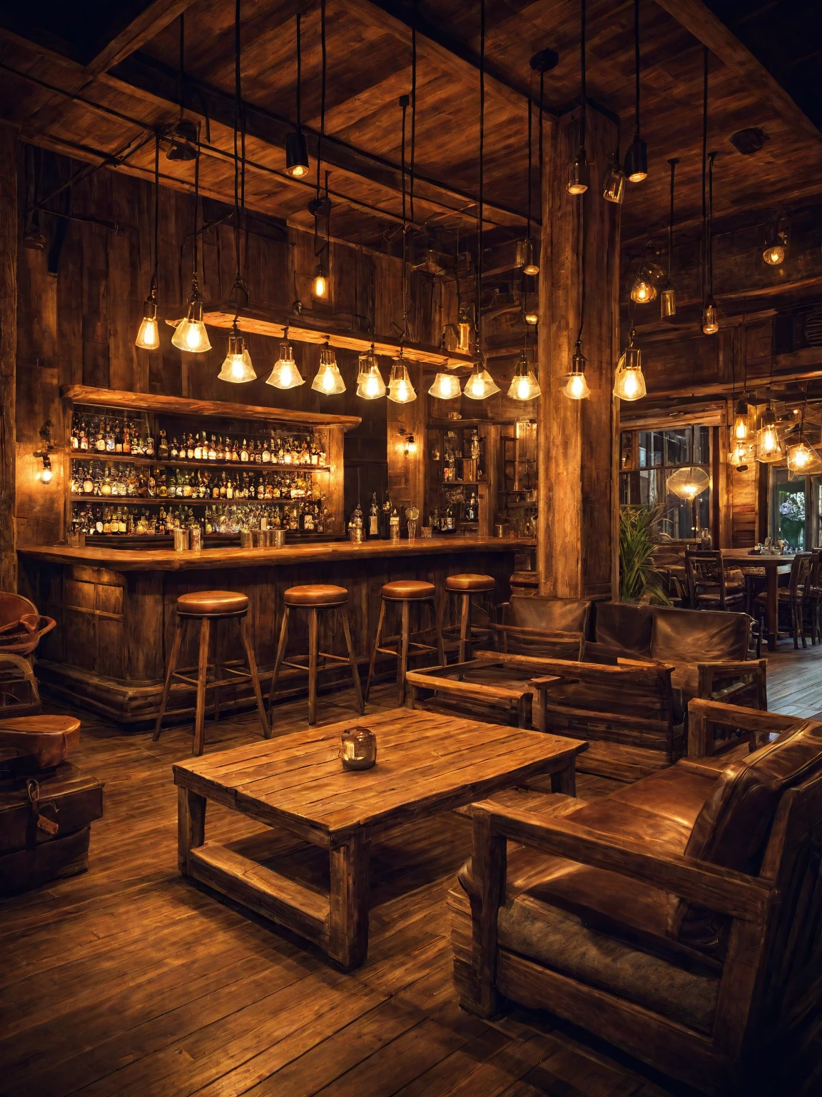 Vintage-style bar, rustic wooden furniture, antique pendant lights, dim lighting, cozy ambiance, aged wood, warm glow, vintage decor, intimate, nostalgic
