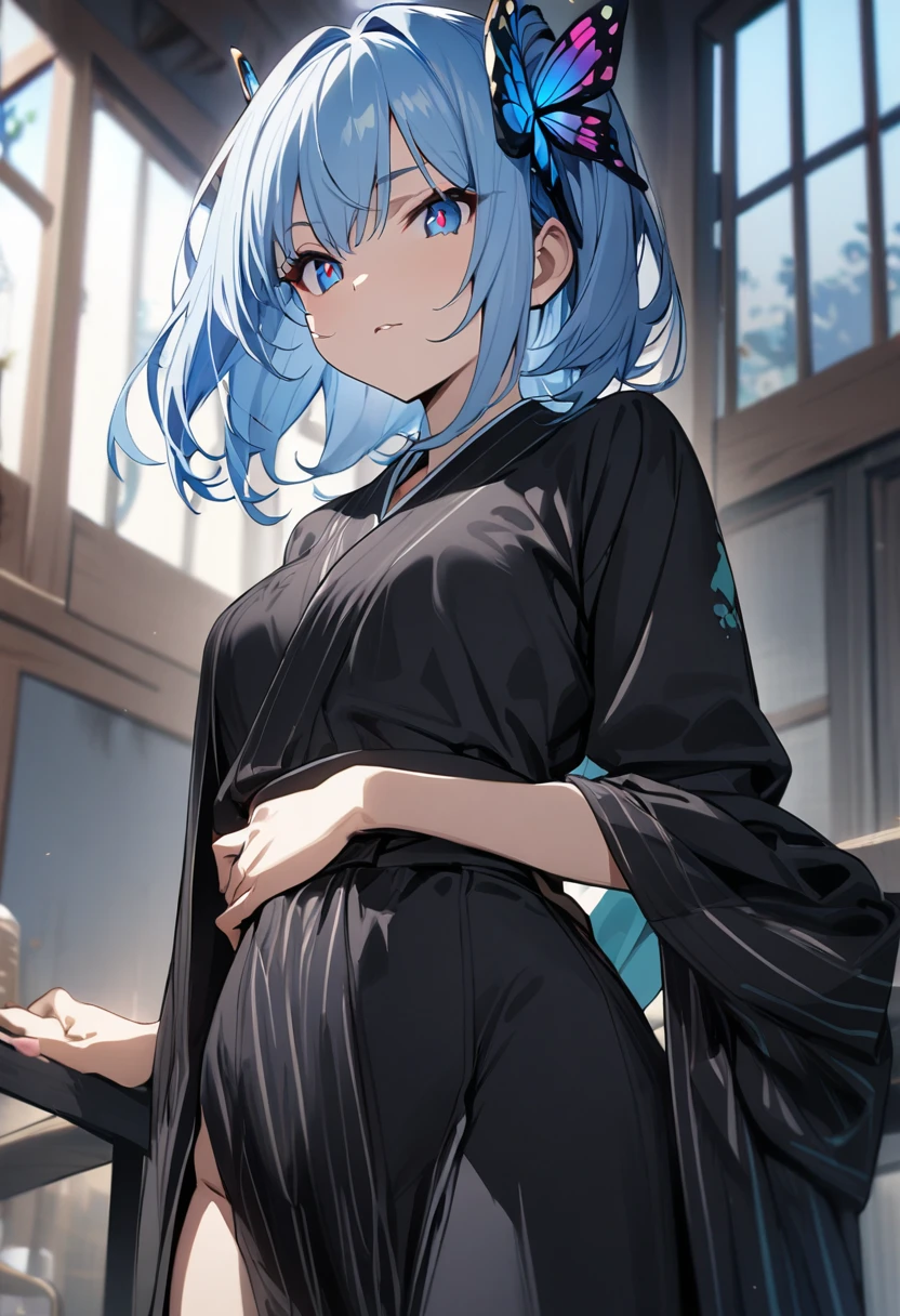 1 girl, masterpiece, best quality, fair skin, light blue hair, butterfly hair ornament, blue eyes, red pupils, slits, black kimono, anime