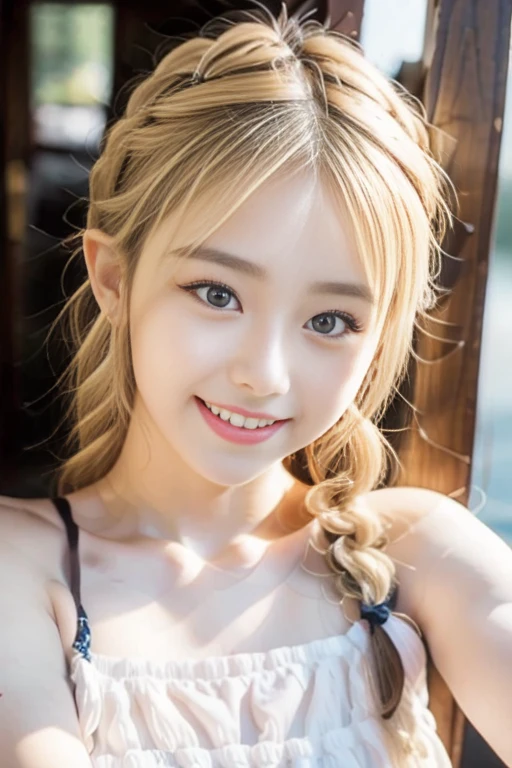 Reina, (Photorealistic, Top Quality, Raw Photo, Face Light, Balance Carefully, Bright Smile Showing Teeth, Childish Face, Small breasts, Camera Gaze, Symmetrical Eyes), Upper Body Close-Up, blond hair