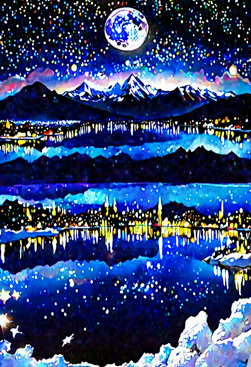 Night view,Wide sea,The city lights are bright in the distance,Reflection,moon,Snow-capped mountains in the distance,galaxy,Star,Sea of Clouds,Beautiful scenery,Ultra-fine image quality,Photography Masterpieces