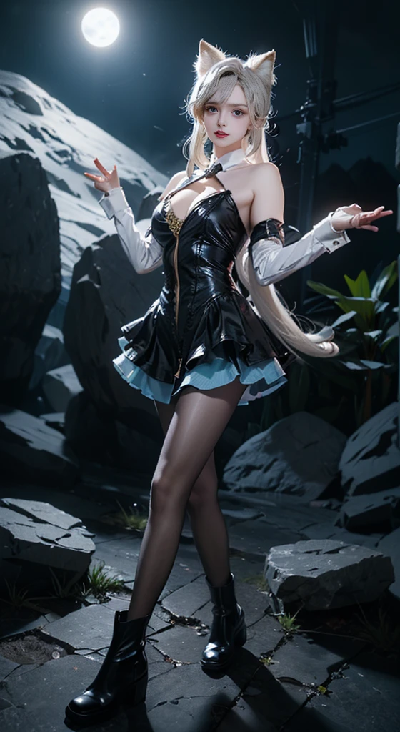 Lynette_genshin,((1girl)), grey hair, cat ears, black short dress, (white long sleeves), black pantyhose, black boots, cleavage, ((bare shoulders)), ((whole body)), actual, fashion girl, red lips, mature women, cosmetics, big eyes, beautiful eyes, ((whole body)), ((from below)), (best quality, masterpiece:1.2), Super detailed, (actual:1.37), ((Sexy long legs)), beautiful, young and energetic, Charming model with, big breasts, cleavage, (delicate eyes, Detailed lips, extremely delicate eyes), show a bright smile, Create stunning girl images, Warm colors, Extremely high color saturation, official art, Extremely detailed CG unified 8k wallpaper,(high dynamic range :1.4), (cinematic),(pastel colors, dull color, soothing tone :1.3), (natural skin texture, ultra-actual, soft light, sharp),(Very detailed), night, moonlight, ((in the mountains, plant, Leaning against the rocks))