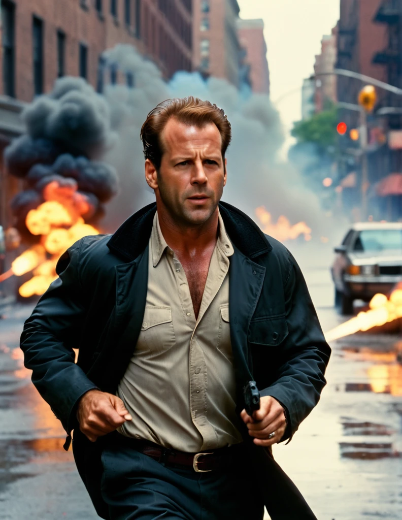 A 30 yo Daredevil Detective [Mel Gibson:Bruce Willis:0.5] Riggs, is running away for hisnlife from fireball explosions, cinematic, professional movie scene, ultra sharp focus, shallow depth of field