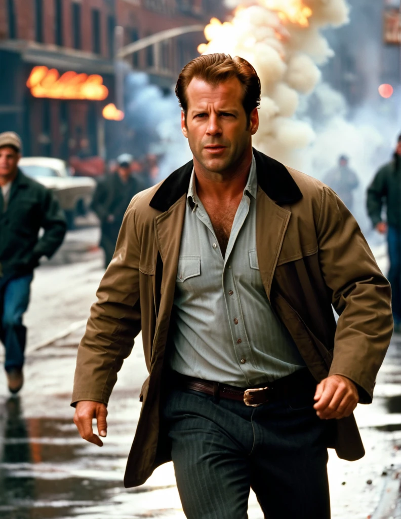 A 30 yo Daredevil Detective [Mel Gibson:Bruce Willis:0.5] Riggs, is running away for hisnlife from fireball explosions, cinematic, professional movie scene, ultra sharp focus, shallow depth of field