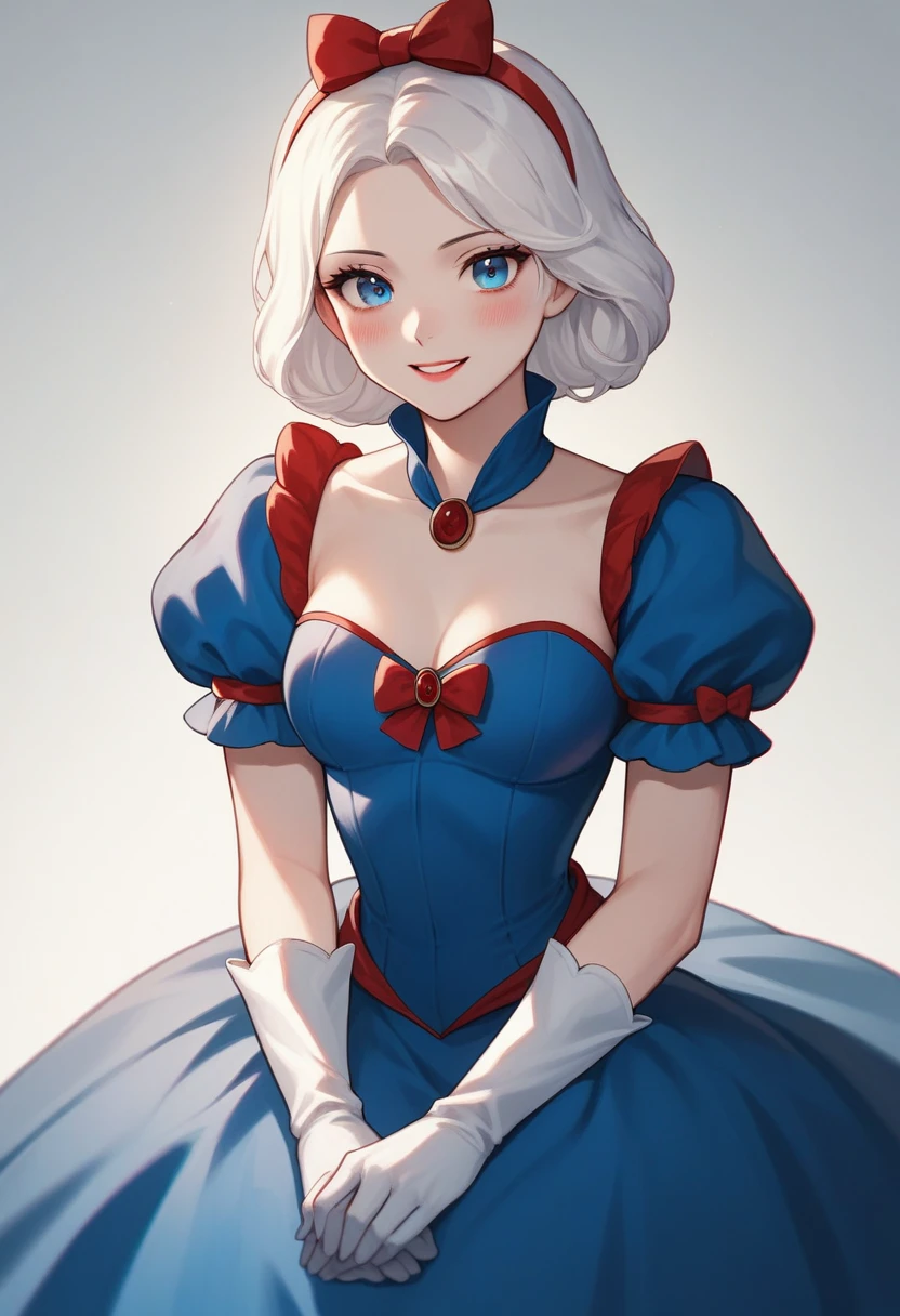 Lilia, "Snowy rain clam atmosphere, Stunning 4k artwork depicting a confident and elegant girl with long, flowing, vibrant snow white hair. Her eyes are glittering like grunge. She sits gracefully、She blushed and smiled., She is wearing a modern coat of snow white、She had cute gloves on