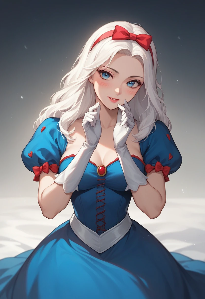 Lilia, "Snowy rain clam atmosphere, Stunning 4k artwork depicting a confident and elegant girl with long, flowing, vibrant snow white hair. Her eyes are glittering like grunge. She sits gracefully、She blushed and smiled., She is wearing a modern coat of snow white、She had cute gloves on