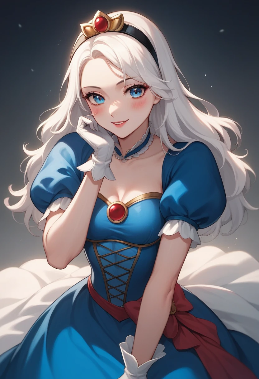 Lilia, "Snowy rain clam atmosphere, Stunning 4k artwork depicting a confident and elegant girl with long, flowing, vibrant snow white hair. Her eyes are glittering like grunge. She sits gracefully、She blushed and smiled., She is wearing a modern coat of snow white、She had cute gloves on
