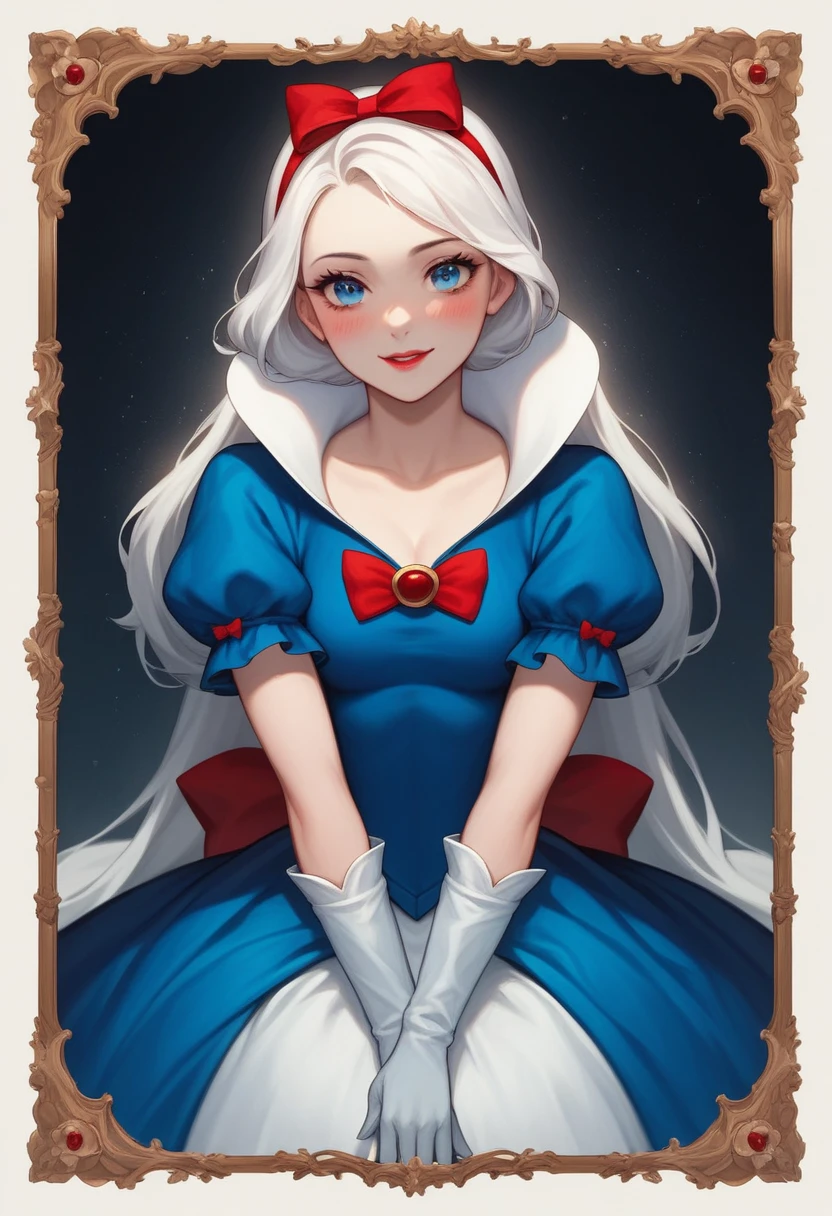 Lilia, "Snowy rain clam atmosphere, Stunning 4k artwork depicting a confident and elegant girl with long, flowing, vibrant snow white hair. Her eyes are glittering like grunge. She sits gracefully、She blushed and smiled., She is wearing a modern coat of snow white、She had cute gloves on