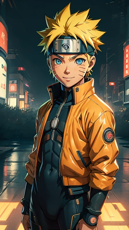 (8k),(masterpiece),(Japanese),(-yeld bo((innocent look)),((Childish)),From the front,smile,cute,Innocent,Kind eyes,Flat chest, Uzumaki Naruto wearing cyberpunk bodysuit,Short,Hair blowing in the wind,Yellow Hair,Strong wind,night,dark, Neon light cyberpunk Konoha Space Station 