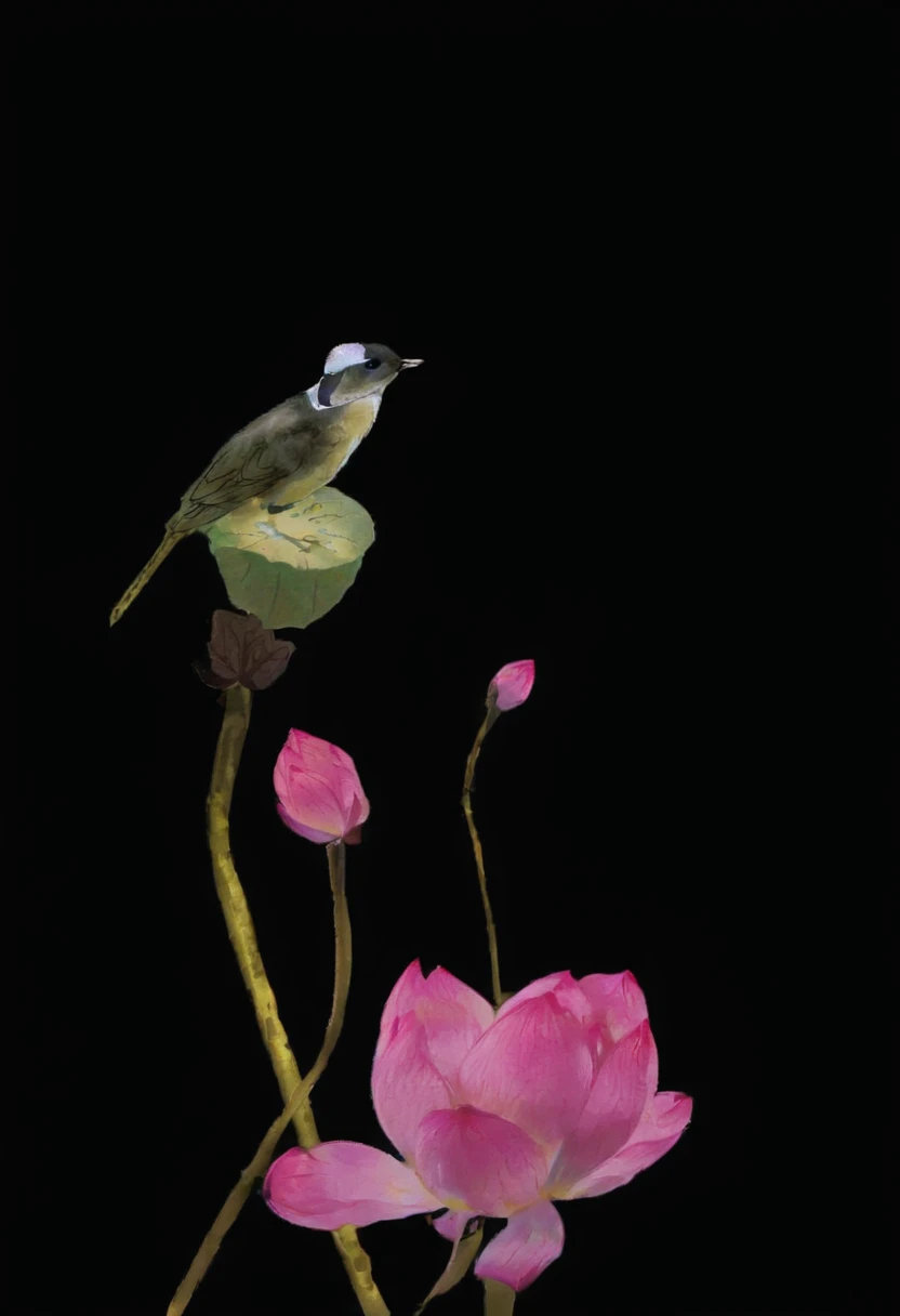 Chinese painting，Traditional Chinese ink painting，Lotus，lotus，小鸟坐在lotus盘上，粉色的Lotus，Painting