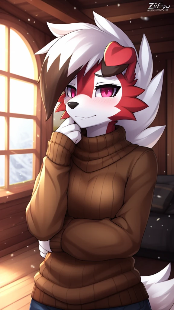 By zinfyu,by twistedscarlet60, uploaded on pixiv, by fluff-kevlar, (masterpiece), (best quality), (solo female:1.2), (extremely detailed:1.3),(detailed eye,black circle on eye,pink eye), lycanroc midnight, view on viewer, close view, shy face, half body on potrait, only body and head, close view, closeup photo of lycanroc, wearing brown sweater, inside house, wooden house, opened window, winter season, casual pose