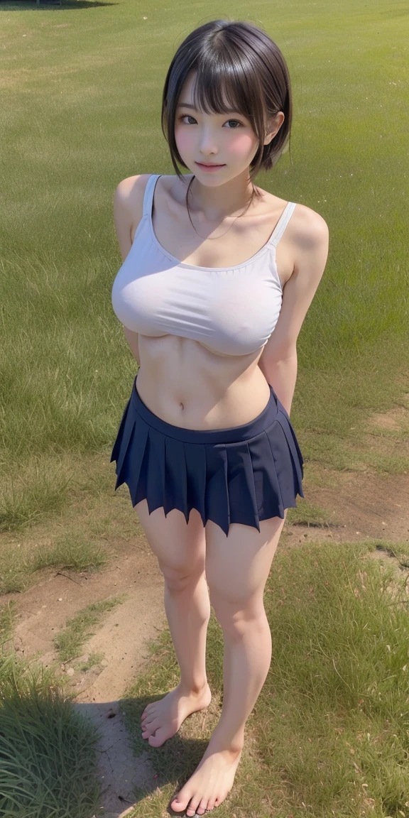 A barefoot, full-body figure standing with both feet together on the grass、Shortcuts、cute、20-year-old、Japanese、Big ,(Underboob:1.1)、(Japan High School Student 1.3),Plump、Narrow waist、(Viewpoint from below 1.3)