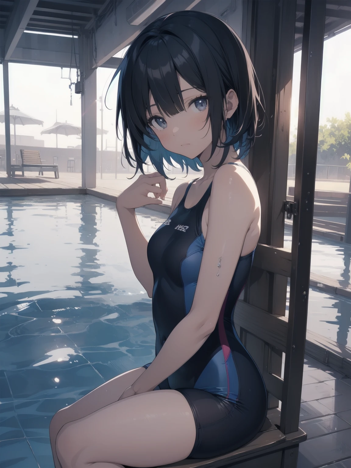 ultra-Top-quality by art God, ultra-detailed, high resolution, shinkai makoto style, anime moe artstyle, best anime 8k konachan wallpaper, pixiv contest winner, perfect anatomy, break,(Please draw a picture of a girl in a swimsuit sitting sleepily on a bench by the poolside alone.),break, a hyperrealistic school girl, (Solo,lolita, ???, 13-year-old:1.3),Full limbs, complete fingers, androgynous charm, (very short hair), wet hair, small breasts,slender body, Small butt, groin, Small black eyes,hanme,beautiful detailed eyes, well-proportioned iris and pupils, sleepy eyes, highres detailed hair, swimsuit, wet swimsuit, bare shoulders, thighs, in the school pool. break,super detailed skin, shiny skin, Best lighting powered by famous artist, 8k, illustration,UHD, textured skin,break,((artist:toosaka_asagi )), artist:clamp ,artist:carnelian ,artist:kantoku ,