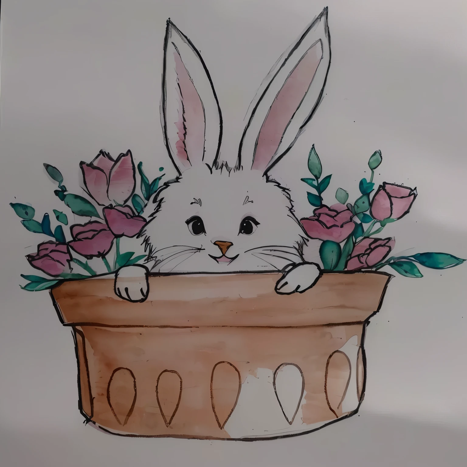 there is a drawing of a coelhinho in a flower pot, coelhinho, Tinta e aquarela wash, Tinta e aquarela, aquarela e caneta, detalhe adicionado, Aquarela, por Károly Lotz, a coelho full of hope, coelhinho ears, coelhinho head, anthropomorphic coelho, coelho face only, coelho, half coelhinho, with coelhinho ears