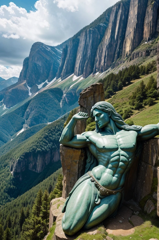 A stunning, ultra-realistic photographic image of a colossal, carved stone statue of a deity or mythological figure resting in a dramatic, mountainous landscape. The statue appears to be of a powerful, muscular figure with intricate, flowing hair and ornate jewelry and adornments. The statue is captured from an aerial perspective, showcasing its immense scale and the surrounding natural environment. This image evokes a sense of awe and wonder at the impressive, larger-than-life artistic creation.
