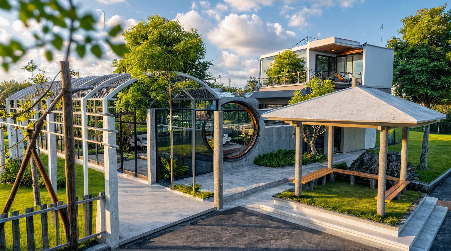 Masterpiece, high quality, best quality, authentic, super detail, outdoors, onestoreyvillaXL, aiaigroup, house style modern on the street ,stairs, white wall ,road,pavement, grass, trees, sky, cloud, (daylight:1.1)