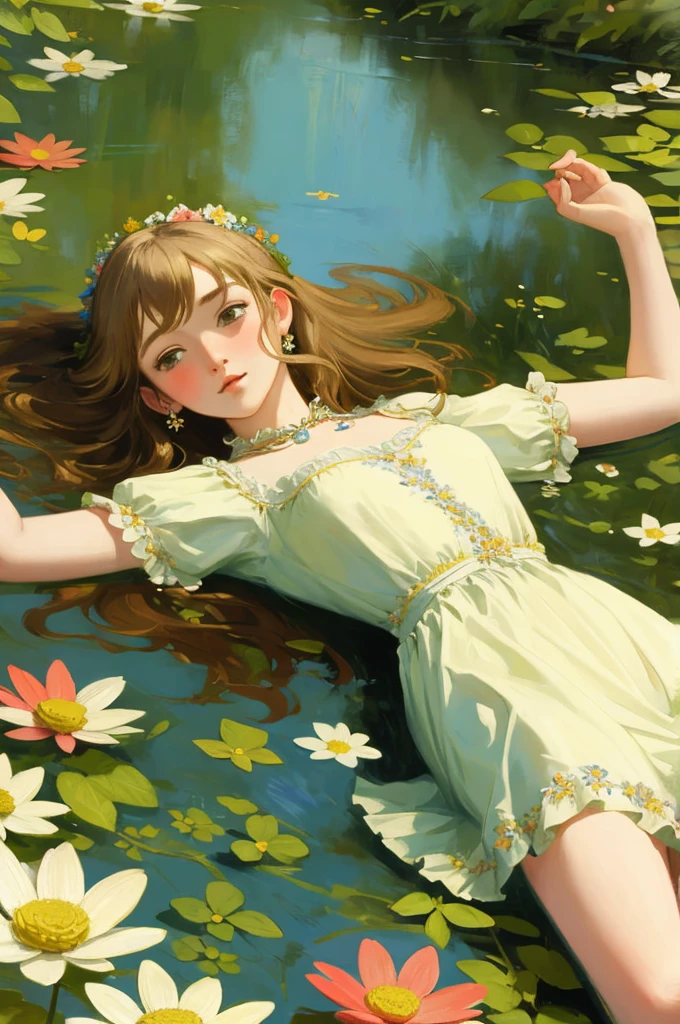 ((best quality)), ((masterpiece)), (detailed), Ophelia, by painter John Everett Millais, a girl lying on a river bed, a lot of flowers, beauty, anime style