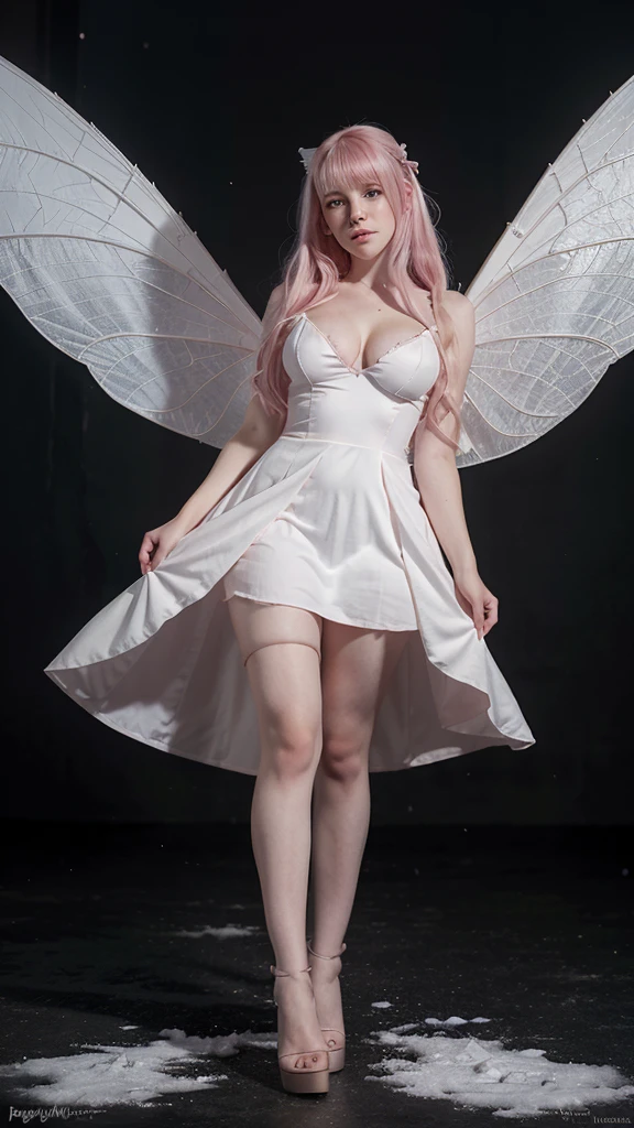 full body photo of a , she is a dwarf, fairy, she has wings, pale skin white as snow, pink hair, pointy ears, wears a little dress, cleavage, big , revealing open chest, showing over top, wand, only 36" tall.